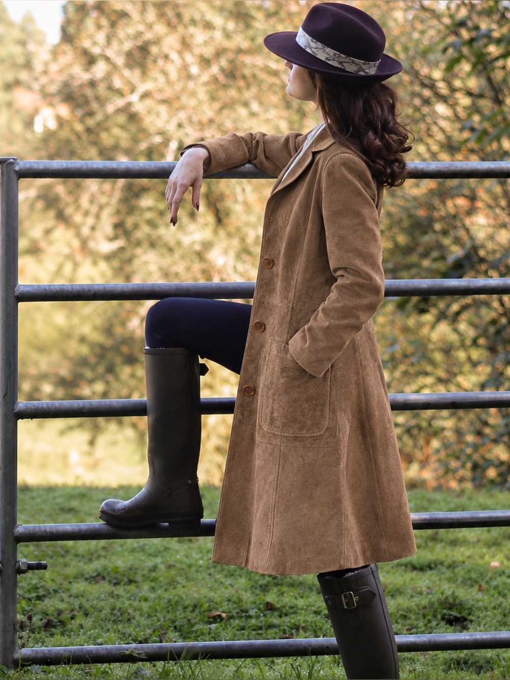 VTG 90s Isabella Bird Genuine Suede Leather Trench Coat Brown Boho Equestrian S